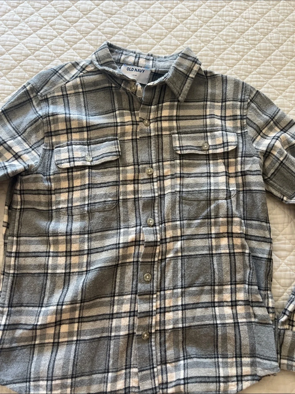 Old Navy Boys Gray Plaid Flannel Shirt Size Large 10/12